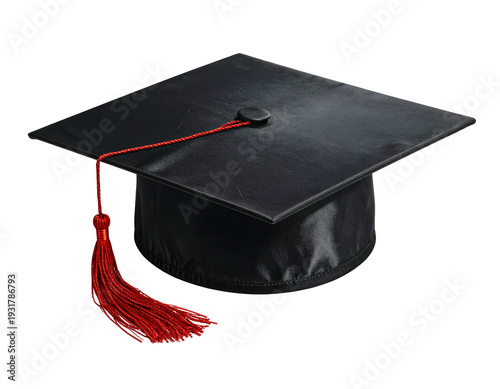 Black square academic mortarboard with red tassel on white