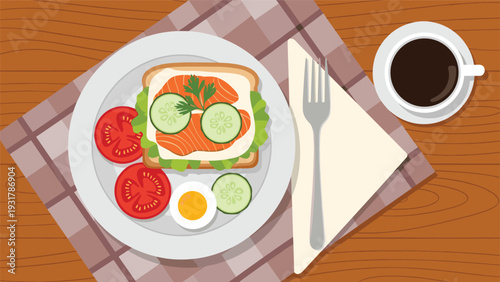 Healthy breakfast plate features salmon toast with egg and fresh vegetables served with a cup of hot black coffee on a wooden table.
