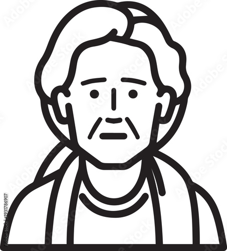 Old Woman Black and White Avatar Illustration in Minimal Line Art Style Design
