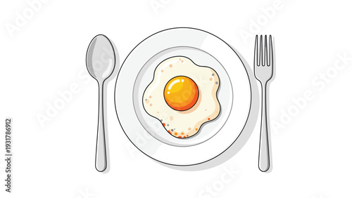 Delicious fried egg is served on a white porcelain plate with a silver fork and spoon for a simple and healthy morning breakfast.