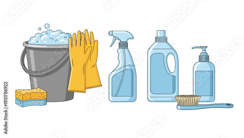 Professional cleaning supplies include a bucket with soap bubbles and gloves along with spray bottles and brushes on a white background.
