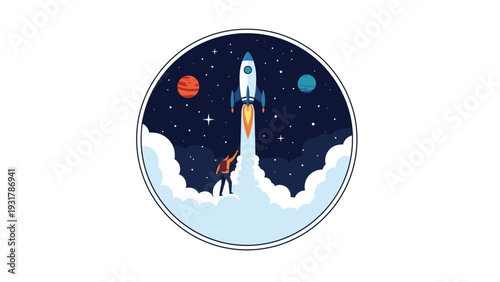 Space exploration scene depicts a person watching a rocket launch into a starry night sky with planets in a circular frame design.