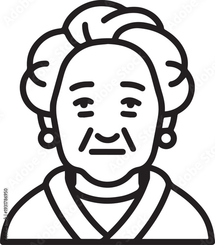 Old Woman Black and White Avatar Illustration in Minimal Line Art Style Design