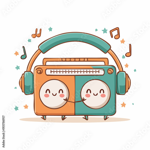 A cute cartoon radio boombox with smiling faces on speakers wearing headphones, surrounded by musical notes and stars.