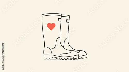 Pair of simple white rubber rain boots decorated with a small red heart on a clean cream colored background for fall.