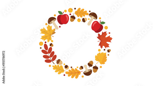 Decorative autumn wreath composed of red apples, mushrooms, acorns, and various fall leaves on a white background.