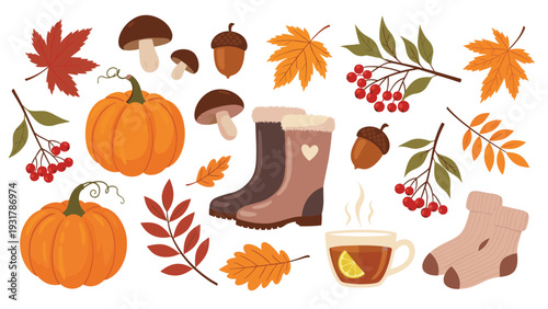 Large collection of autumn themed illustrations including pumpkins, mushrooms, colorful leaves, and cozy winter boots.