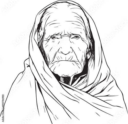 Old Woman Black and White Avatar Illustration in Minimal Line Art Style Design