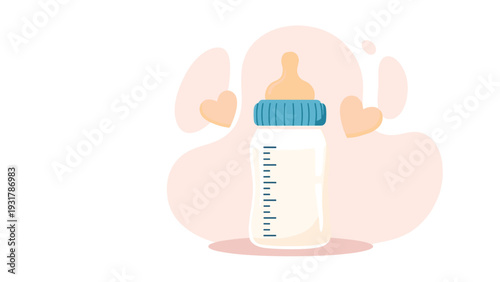 Gentle illustration of a baby feeding bottle filled with milk surrounded by floating hearts and soft pink shapes.