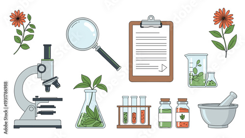 Scientific laboratory equipment set featuring a microscope, test tubes, flasks with plants, and a study clipboard.