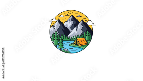 Circular camping emblem showing a majestic mountain landscape with a calm lake and a cozy orange tent in the forest.