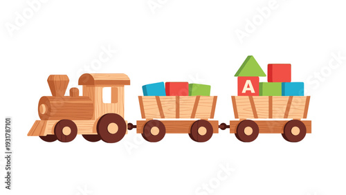Wooden toy train with a locomotive and two wagons carries colorful building blocks, including one with the letter A.