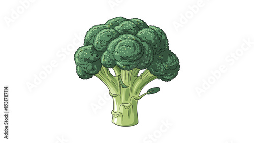 Single head of fresh green broccoli is shown in a detailed illustration against a white background for healthy nutrition.