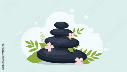 Balanced stack of black zen spa stones decorated with delicate pink flowers and green leaves on a light blue.