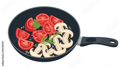 Freshly sliced tomatoes and white mushrooms are cooked in a black frying pan with green herbs for a healthy vegetarian meal.