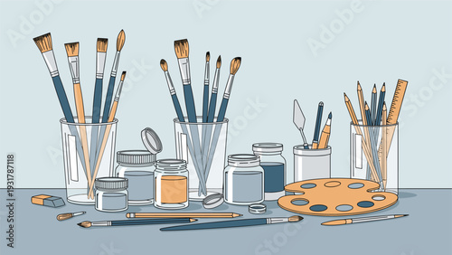 Professional art studio equipment including various paintbrushes in glass jars, paints, and a wooden palette.