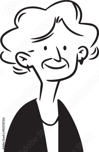 Old Woman Black and White Avatar Illustration in Minimal Line Art Style Design
