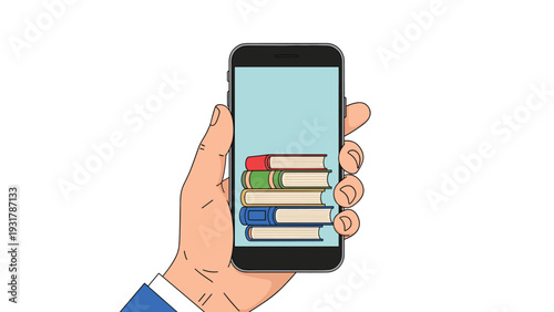 Human hand holds a black smartphone displaying a stack of colorful books on the screen for mobile education and reading.