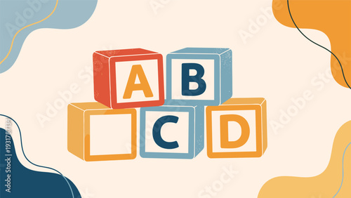 Colorful alphabet blocks showing the letters A, B, C, and D are arranged on a playful background with abstract shapes.