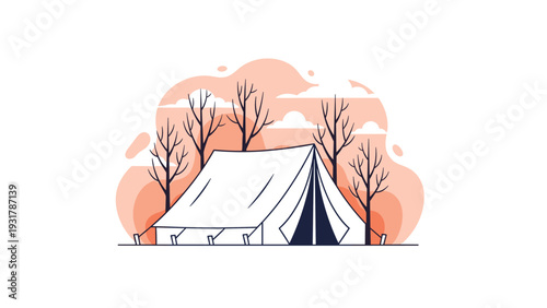 White camping tent is pitched in a scenic landscape with silhouettes of bare trees and soft orange clouds during sunrise.