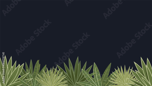 Tropical green palm or agave leaves are illustrated at the bottom of a dark background, creating a lush botanical border.