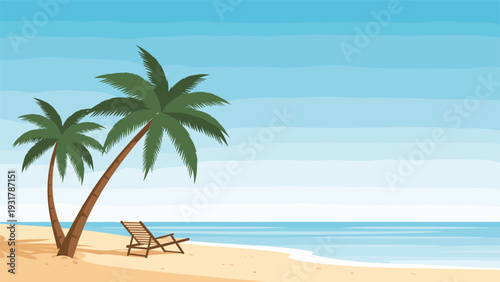 Tropical beach landscape features a wooden lounge chair under two green palm trees by the calm blue sea during a vacation.