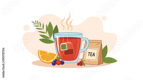 Hot cup of red herbal tea is served with a tea bag, a fresh orange slice, mixed berries, and a paper tea packet on a soft background.