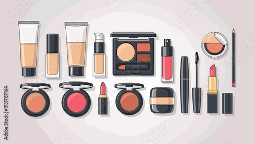 Comprehensive set of makeup and cosmetic products includes foundation, lipstick, eyeshadow, mascara, and blush for beauty.