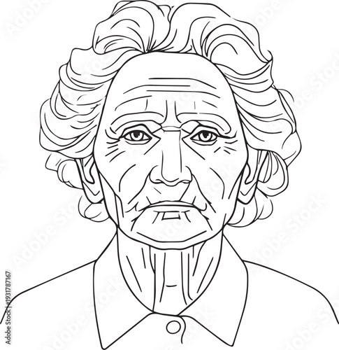 Old Woman Black and White Avatar Illustration in Minimal Line Art Style Design