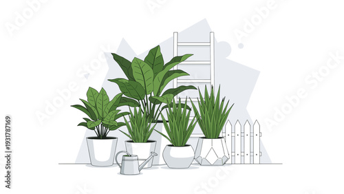 Group of potted indoor plants including aloe vera is arranged near a white ladder and a picket fence in a modern setting.