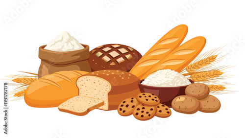 Extensive group of carbohydrate rich foods includes assorted breads, cookies, rice, potatoes, flour, and golden wheat.