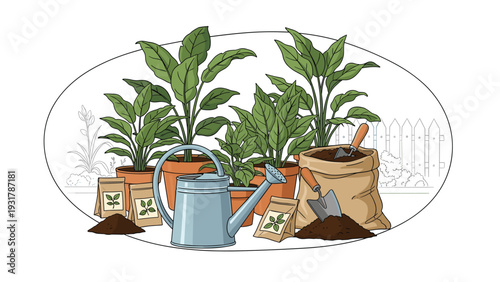 Gardening composition features several potted plants, a blue watering can, soil bags, seeds, and tools for horticulture.