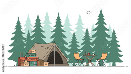 Forest campsite features a large tent surrounded by luggage and boxes plus a table with chairs and drinks under pine trees.
