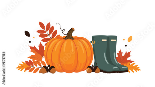 Classic autumn arrangement features a large orange pumpkin surrounded by colorful fall leaves, acorns, and rubber boots.