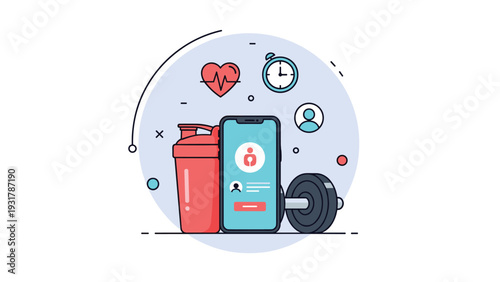 Fitness and wellness illustration features a smartphone with a health app, a protein shaker, a dumbbell, and digital icons.
