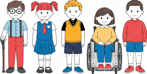 Children with Disabilities Character Vector Set Featuring Kids with Prosthetic Legs, Wheelchairs and White Canes