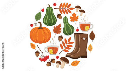 Autumn circular composition featuring orange pumpkin, green squash, fall leaves, rubber boots, and warm tea cups on white background.