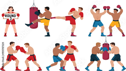 Boxing Training and Match Vector Set Featuring Fighters Punching, Kicking and Sparring in the Ring