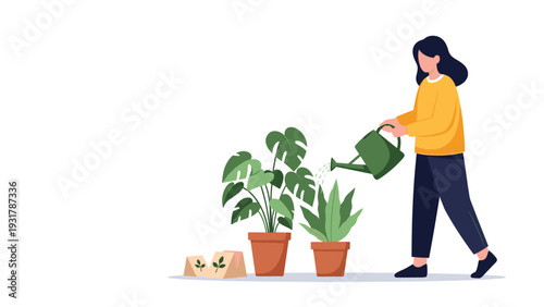 Young woman in yellow sweater carefully watering indoor monstera and aloe vera plants with green watering can.