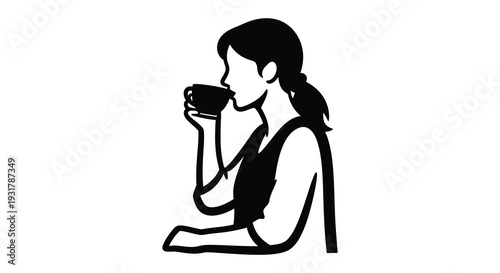 A minimalist depiction of a woman enjoying a warm beverage captured in a striking black silhouette high quality professional detailed modern