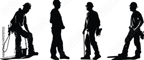 Black Vector Construction Worker Silhouette Set Featuring Builders Wearing Hard Hats, Industrial Laborers, Contractors, And Engineers For Engineering Project Design.