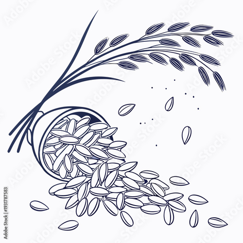 Bild auf Leinwand Scattered rice grains with bowl and plant