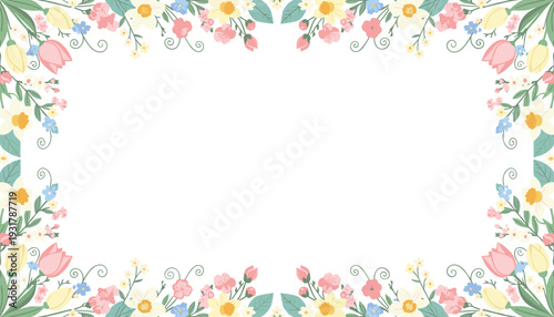 Elegant pastel floral border with various spring flowers and green leaves on a white background, perfect for invitations.