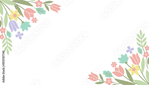 Pastel colored spring flowers and leaves forming decorative corners on a white background, ideal for greeting cards or invitations.
