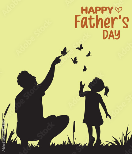 Happy Fathers Day, Father and Son Love, Dad and Son Moment, Fathers Day Greeting Card,A father and daughter silhouette enjoy a beautiful moment with butterflies on a light yellow background