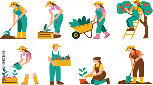Gardening and Farming Activities Vector Set Featuring People Planting, Watering, Harvesting and Caring for Crops