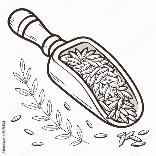 Wooden scoop filled with uncooked rice grains and leaves