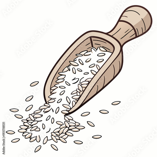 Wooden scoop pouring white rice grains uncooked rice