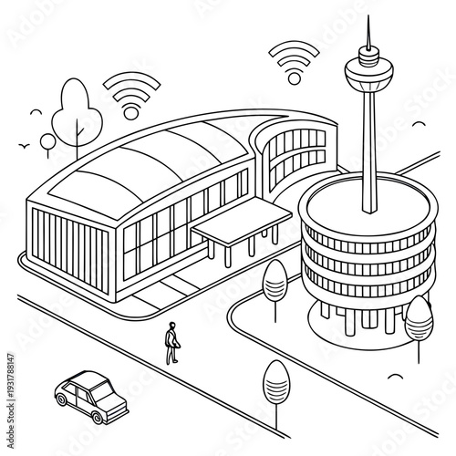 Futuristic smart innovation hub circular campus with tower and Wi Fi signals