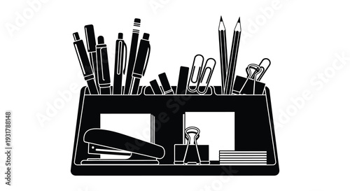 A collection of office supplies including pens pencils and a stapler presented in a stark silhouette high quality professional detailed modern